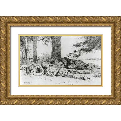 The Noonday Halt Gold Ornate Wood Framed Art Print with Double Matting by Remington, Frederic