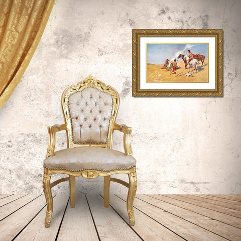 The Smoke Signal Gold Ornate Wood Framed Art Print with Double Matting by Remington, Frederic