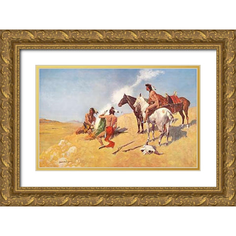 The Smoke Signal Gold Ornate Wood Framed Art Print with Double Matting by Remington, Frederic