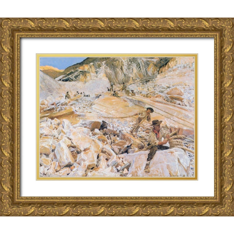 Bringing Down Marble from Quarries to Carrara Gold Ornate Wood Framed Art Print with Double Matting by Sargent, John Singer