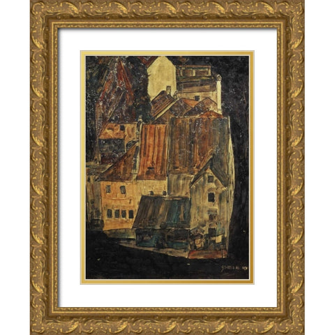 City On The Blue River I 1910 Gold Ornate Wood Framed Art Print with Double Matting by Schiele, Egon