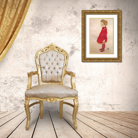 Little Girl With Blond Hair In Red Dress Gold Ornate Wood Framed Art Print with Double Matting by Schiele, Egon