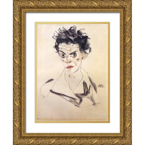 Self Portrait Bust Gold Ornate Wood Framed Art Print with Double Matting by Schiele, Egon