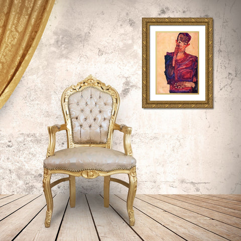 Self Portrait With Hand To Cheek Gold Ornate Wood Framed Art Print with Double Matting by Schiele, Egon