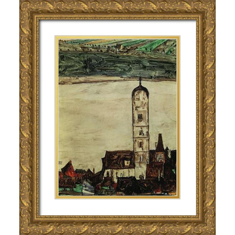 Stein On The Danube From The Kreuzberg 1913 Gold Ornate Wood Framed Art Print with Double Matting by Schiele, Egon