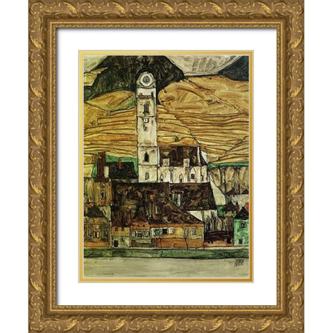 Stein On The Danube From The South 1913 Gold Ornate Wood Framed Art Print with Double Matting by Schiele, Egon