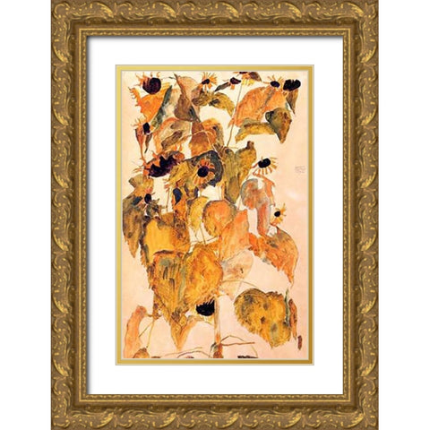 Sunflowers Gold Ornate Wood Framed Art Print with Double Matting by Schiele, Egon