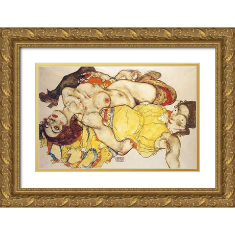Two Girls Lying Entwined Gold Ornate Wood Framed Art Print with Double Matting by Schiele, Egon