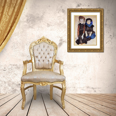 Two Little Girls Gold Ornate Wood Framed Art Print with Double Matting by Schiele, Egon