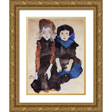 Two Little Girls Gold Ornate Wood Framed Art Print with Double Matting by Schiele, Egon
