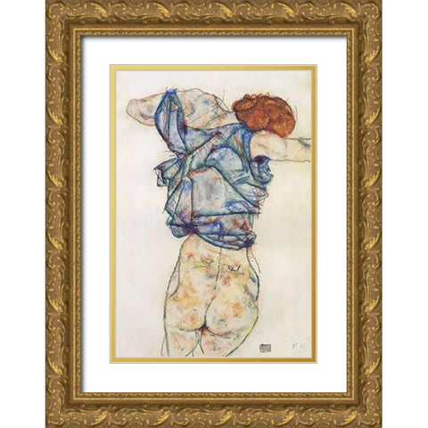 Woman Undressing Gold Ornate Wood Framed Art Print with Double Matting by Schiele, Egon