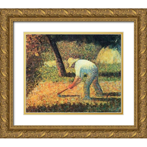 Farm Laborer With Hoe Gold Ornate Wood Framed Art Print with Double Matting by Seurat, Georges