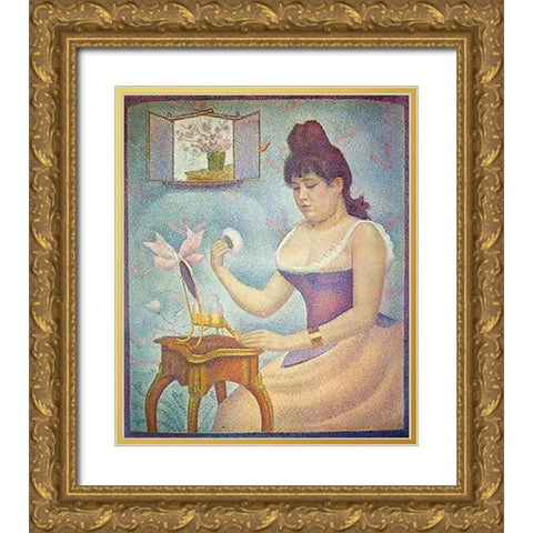 Young Woman Powdering Herself Gold Ornate Wood Framed Art Print with Double Matting by Seurat, Georges