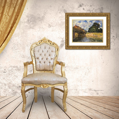 Bridge At Hampton Court Gold Ornate Wood Framed Art Print with Double Matting by Sisley, Alfred