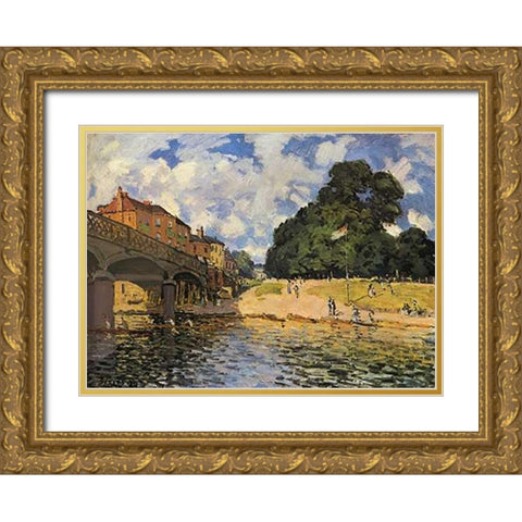 Bridge At Hampton Court Gold Ornate Wood Framed Art Print with Double Matting by Sisley, Alfred