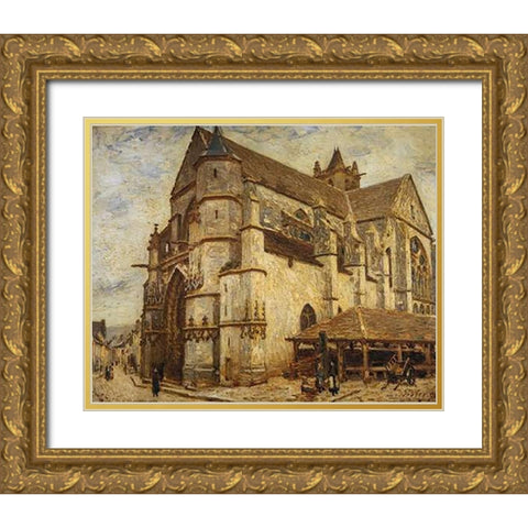 The Church At Moret Icy Weather Gold Ornate Wood Framed Art Print with Double Matting by Sisley, Alfred
