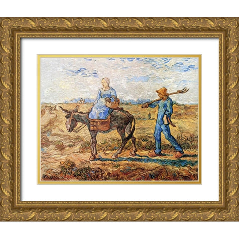 Morning Peasant Couple To Work Gold Ornate Wood Framed Art Print with Double Matting by Van Gogh, Vincent