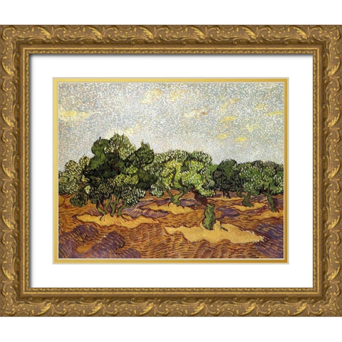 Olive Grove Pale Blue Sky Gold Ornate Wood Framed Art Print with Double Matting by Van Gogh, Vincent