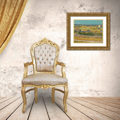 Harvest At La Crau And Montmajour Gold Ornate Wood Framed Art Print with Double Matting by Van Gogh, Vincent
