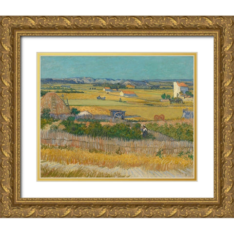 Harvest At La Crau And Montmajour Gold Ornate Wood Framed Art Print with Double Matting by Van Gogh, Vincent