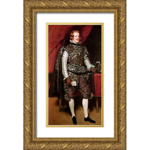King Philip IV In A Costume With Silver Gold Ornate Wood Framed Art Print with Double Matting by Velazquez, Diego