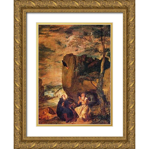 Saint Anthony Abbot And Saint Paul The Hermit Gold Ornate Wood Framed Art Print with Double Matting by Velazquez, Diego