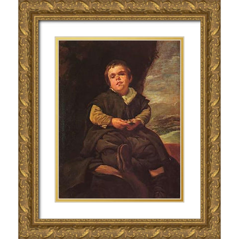 The Dwarf Francisco Lezcano Gold Ornate Wood Framed Art Print with Double Matting by Velazquez, Diego