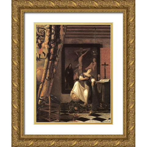 Allegory Of Faith Gold Ornate Wood Framed Art Print with Double Matting by Vermeer, Johannes