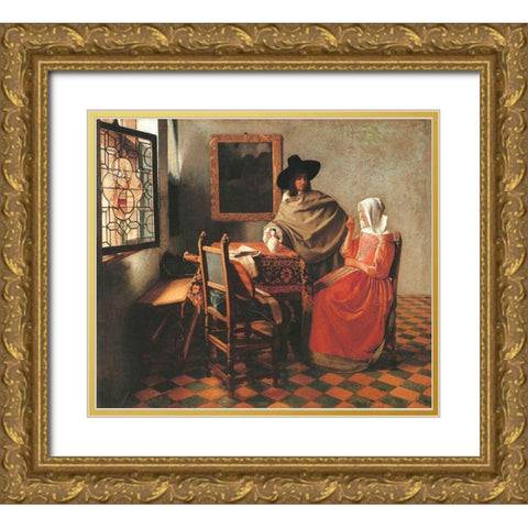Gentleman And Woman Drinking Gold Ornate Wood Framed Art Print with Double Matting by Vermeer, Johannes
