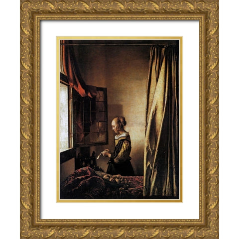 Girl Reading A Letter At An Open Window Gold Ornate Wood Framed Art Print with Double Matting by Vermeer, Johannes
