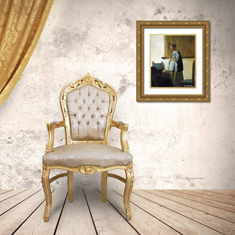 Lady In Blue Gold Ornate Wood Framed Art Print with Double Matting by Vermeer, Johannes