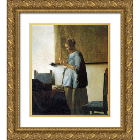 Lady In Blue Gold Ornate Wood Framed Art Print with Double Matting by Vermeer, Johannes