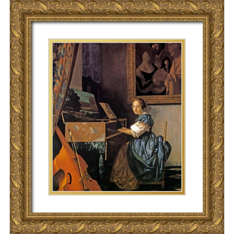 Lady Seated At A Virginal Gold Ornate Wood Framed Art Print with Double Matting by Vermeer, Johannes