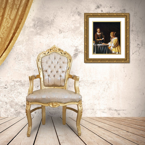 Lady With A Maidservant Holding A Letter Gold Ornate Wood Framed Art Print with Double Matting by Vermeer, Johannes