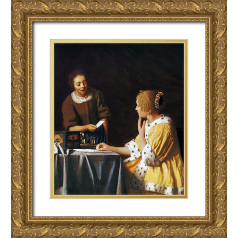 Lady With A Maidservant Holding A Letter Gold Ornate Wood Framed Art Print with Double Matting by Vermeer, Johannes