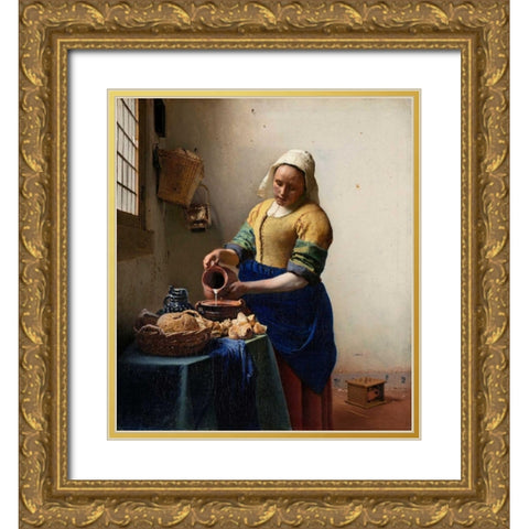 Milkmaid Gold Ornate Wood Framed Art Print with Double Matting by Vermeer, Johannes