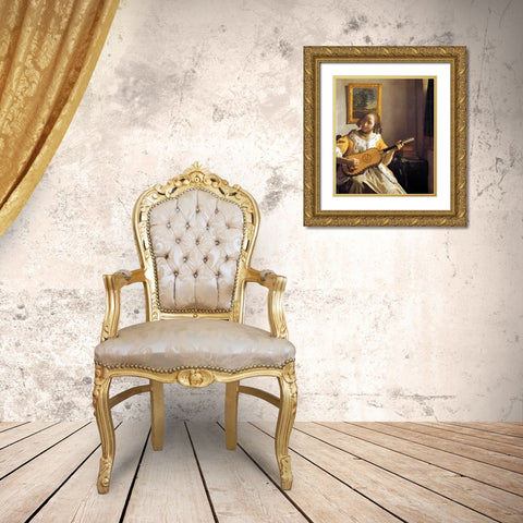 The Guitar Player Gold Ornate Wood Framed Art Print with Double Matting by Vermeer, Johannes