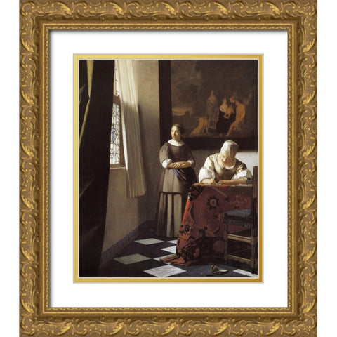 The Letter Gold Ornate Wood Framed Art Print with Double Matting by Vermeer, Johannes