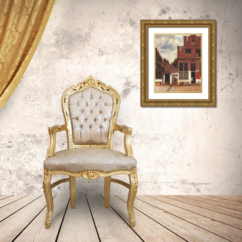 The Little Street Gold Ornate Wood Framed Art Print with Double Matting by Vermeer, Johannes