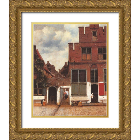 The Little Street Gold Ornate Wood Framed Art Print with Double Matting by Vermeer, Johannes