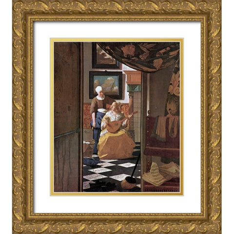 The Love Letter Gold Ornate Wood Framed Art Print with Double Matting by Vermeer, Johannes