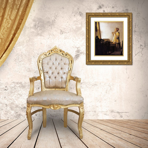 Woman With A Pearl Necklace Gold Ornate Wood Framed Art Print with Double Matting by Vermeer, Johannes