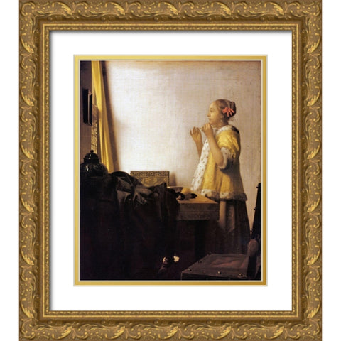 Woman With A Pearl Necklace Gold Ornate Wood Framed Art Print with Double Matting by Vermeer, Johannes