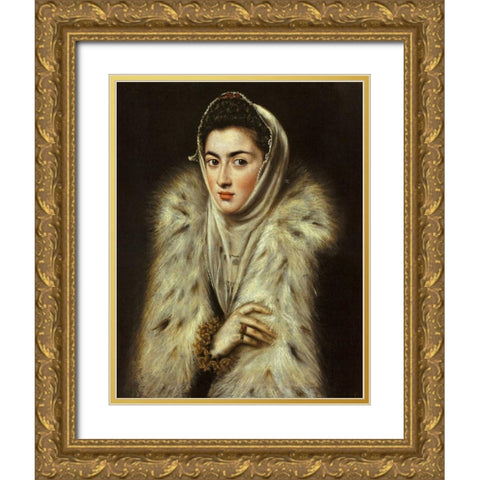 A Lady In A Fur Wrap Gold Ornate Wood Framed Art Print with Double Matting by El Greco