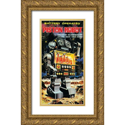 Battery Operated Piston Robot Gold Ornate Wood Framed Art Print with Double Matting by Retrobot