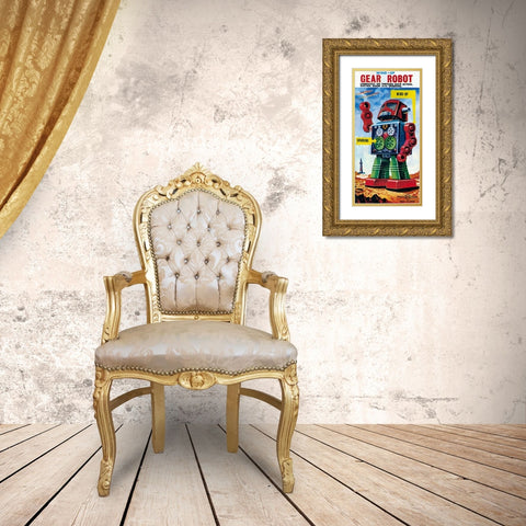 Wind-up Gear Robot Gold Ornate Wood Framed Art Print with Double Matting by Retrobot