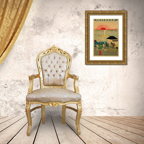 Famous places in Tokyo: real view of Takanawa #2 Featuring the Rising Sun. Gold Ornate Wood Framed Art Print with Double Matting by Hiroshige, Utagawa