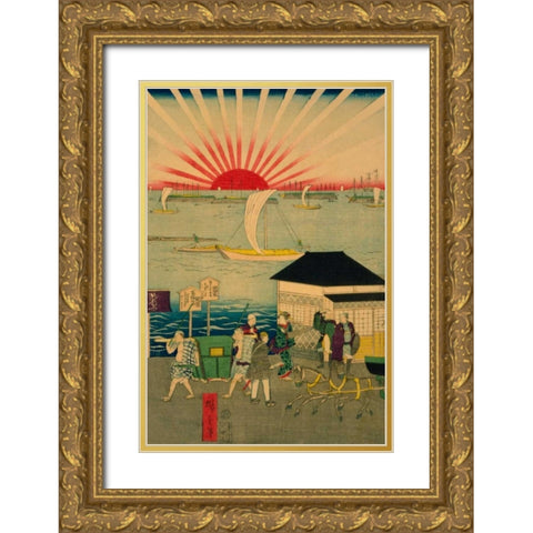 Famous places in Tokyo: real view of Takanawa #2 Featuring the Rising Sun. Gold Ornate Wood Framed Art Print with Double Matting by Hiroshige, Utagawa