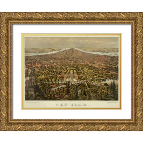 Birds-eye view of Manhattan, New York Gold Ornate Wood Framed Art Print with Double Matting by Unknown
