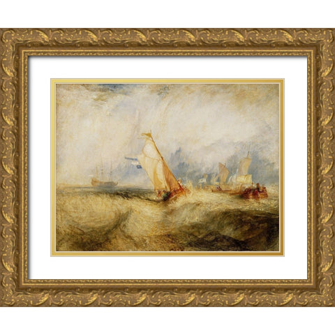 Van Tromp, going about to please his Masters, Ships a Sea, getting a Good Wetting, Gold Ornate Wood Framed Art Print with Double Matting by Turner, Joseph Mallord William